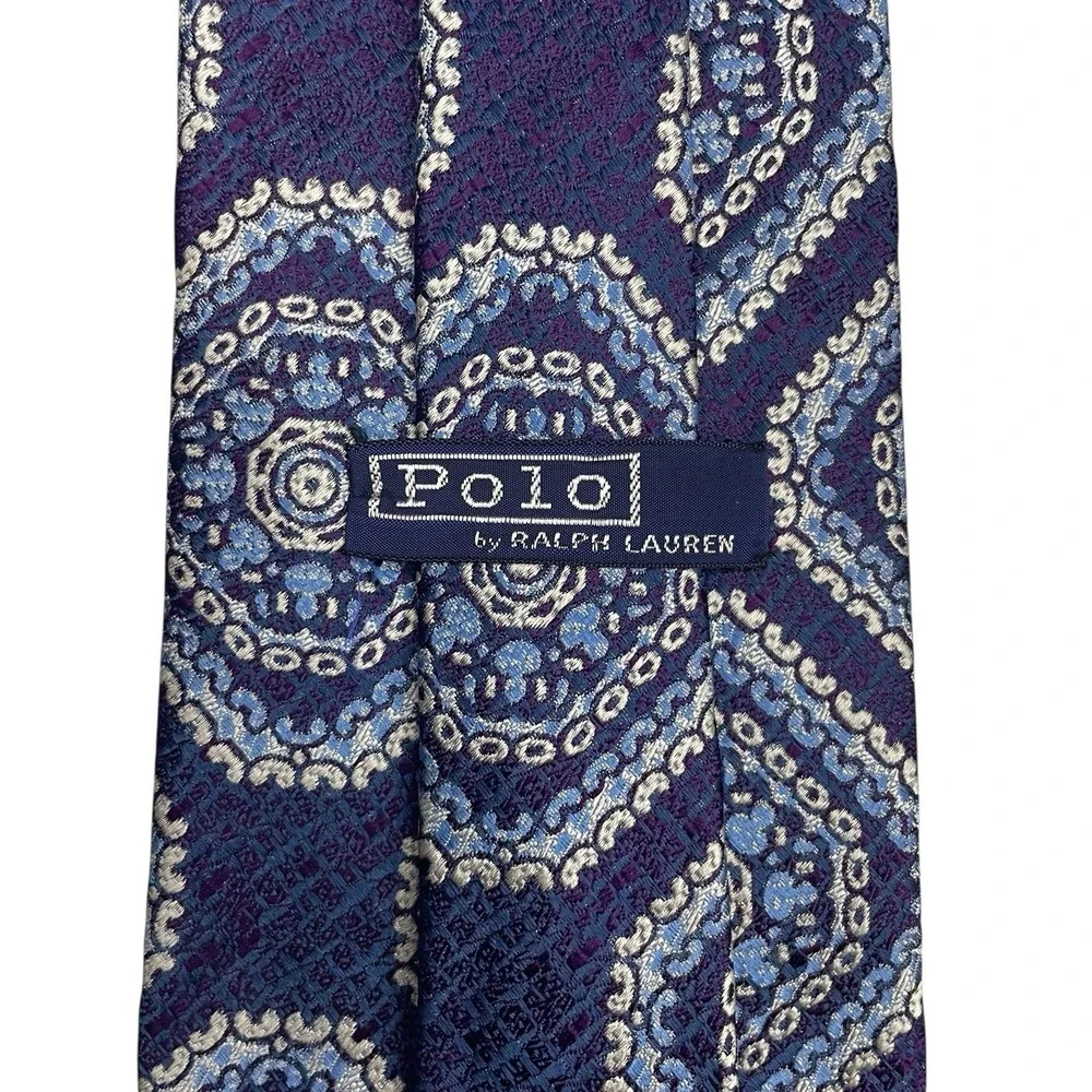 Polo Ralph Lauren Men's Vtg Wide Tie Blue Geometric Jacquard Silk 4 3/8